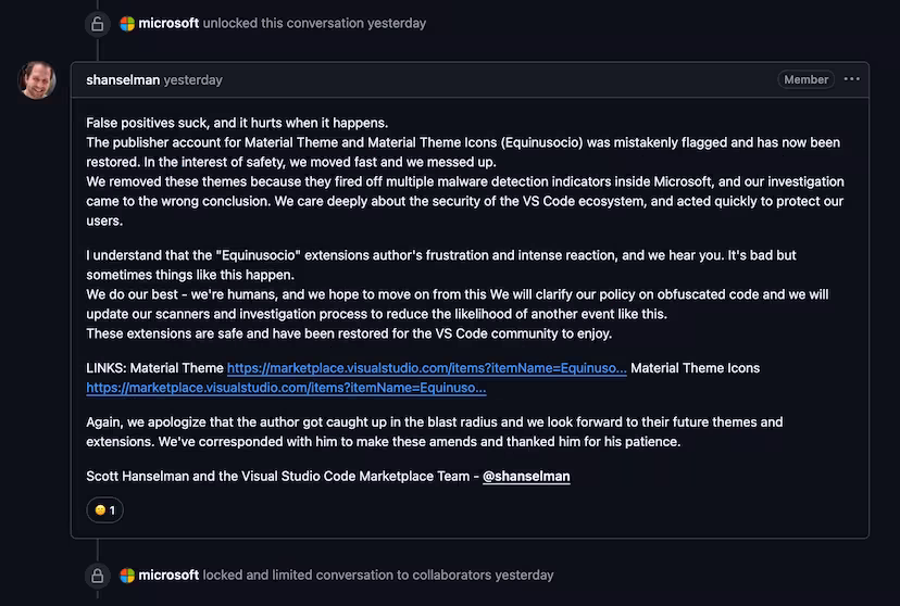 微软向开发者道歉,900万用户的 VS Code 主题插件 Material Theme 是安全的,已恢复上架 2 微软向开发者道歉,900万用户的 VS Code 主题插件 Material Theme 是安全的,已恢复上架 2